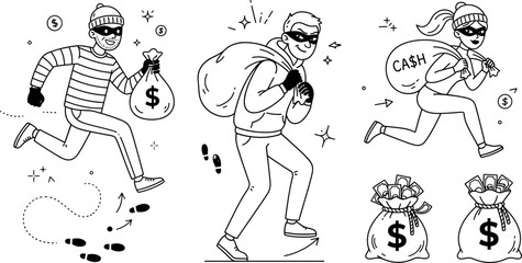 Fototapeta premium Thief and Bank Robber Line Art Vector Set for Crime Protection Graphic Designs
