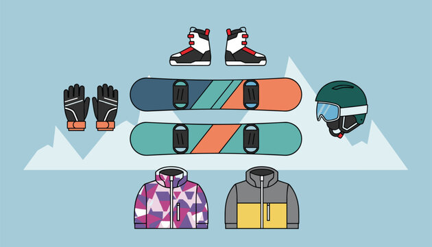 Complete set of colorful snowboarding gear including snowboards, winter jackets, boots, helmet, and gloves.