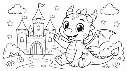 Fototapeta premium Dragon beside Magical Castle in Fantasy Landscape