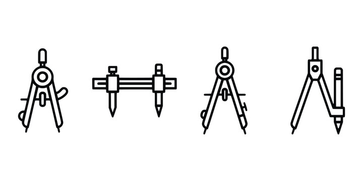 Technical drawing compass set with drafting tools for geometry engineering and architecture design in minimal thin line style.