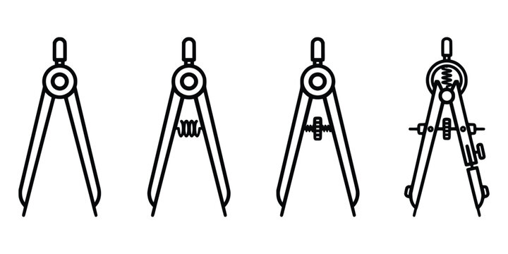 Set of engineering drawing compasses icons in thin line style for architectural design or geometry math construction school task.