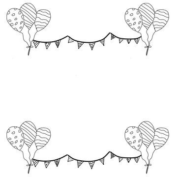 Minimalist black and white line art border frame featuring hand-drawn party balloons and bunting flags on a solid black background.