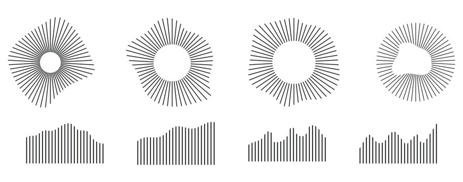 Round sound wave set. depicting audio music, round symbols of voice, icons and logos for equalizers, radial spectrum designs, ring patterns.
