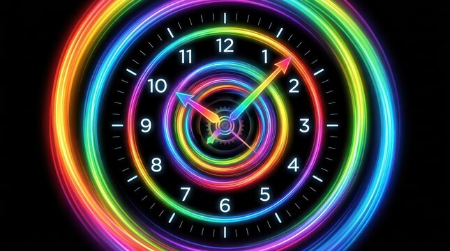 Abstract clock with rainbow light trails. Circular time concept with glowing neon motion.