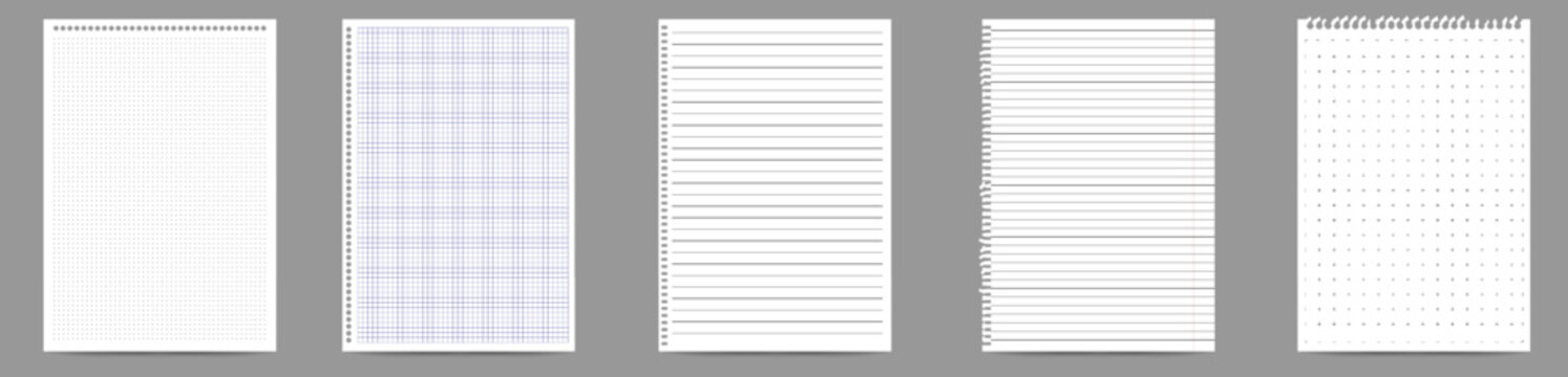 Different types of blank notebook pages are arranged on a gray surface. Pages include grid patterns, lined sheets, and checkered designs. Ideal for writing and organizing notes.