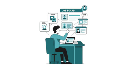 Fototapeta premium Human Resources Recruitment Concept with Man Interacting with Online Job Board and Candidate Profiles Vector Illustration for Career and Employment Search