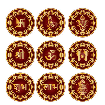 Premium Gold Hindu Religious Icons Vector Collection &ndash; Swastik, Om, Shri, Shubh Labh, Ganesha, Krishna, Kalash