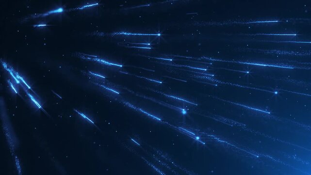Glowing blue light streaks and stars resembling a meteor shower in deep space. Perfect for cosmic, sci-fi, or celestial themed designs. Full HD and looping outer space background.