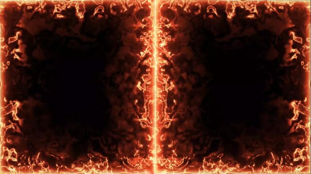 4k intense blazing fire center divider and split frame motion graphics looping on black background for professional fiery video overlays