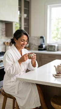 A woman enjoys a peaceful moment in her bright kitchen, savoring tea while dressed in a warm robe. Sunlight floods the space, enhancing the soothing atmosphere.