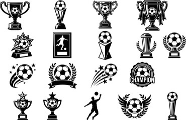 Fototapeta premium Soccer Trophy and Football Award Icon Set for Championship Tournament Winner Designs