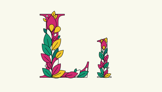 Decorative capital and lowercase letter l decorated with colorful leaves and flowers on a plain cream background.