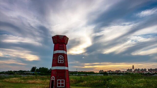 Chaohu Lighthouse Sunset Timelapse, Red Tower Glows Under Flowing Clouds