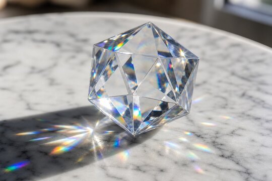 Clear icosahedron crystal paperweight refracting sunlight on marble surface.