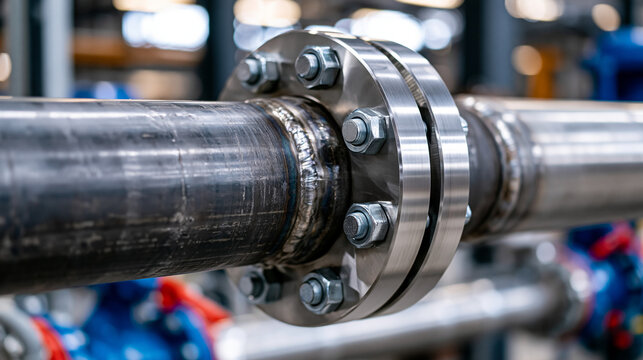 Close up of steel pipeline junction with precision welds and bolted flanges inside an energy facility, ultra photorealism, cinematic color correction, natural uneven lighting yet gentle backlight, s