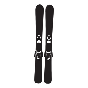 Minimalist black ski silhouette pair isolated against plain white background for winter sports