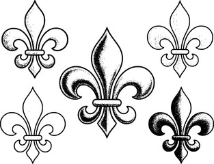 Una colección de cinco símbolos decorativos de flor de lis con varias tintas negras punteadas y sólidas © Mohammad