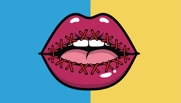 Conceptual pop art illustration of lips stitched shut with thick red thread over a split blue and yellow background.