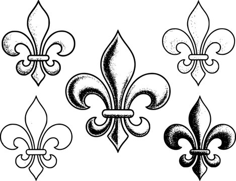 Una colecci&oacute;n de cinco s&iacute;mbolos decorativos de flor de lis con varias tintas negras punteadas y s&oacute;lidas
