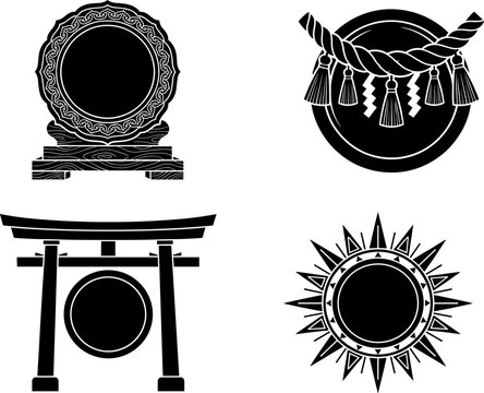 Japanese Shinto Shrine Mirror and Torii Gate Icon Set with Sacred Silhouette Symbols