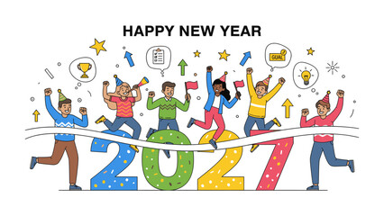 Fototapeta premium Happy New Year 2021 Celebration: A vibrant illustration depicts a diverse group of people joyfully jumping over the numbers '2021', celebrating the arrival of the new year with festive hats, confetti.