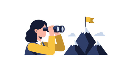 Fototapeta premium Businesswoman Looking Through Binoculars at Goal Mountain Peak - Visionary Leadership, Strategy, and Career Achievement Concept Illustration