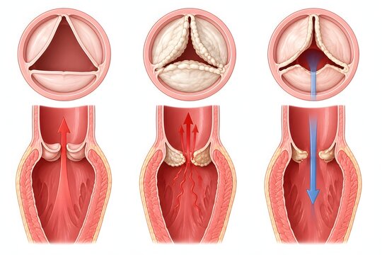 Heart valve stenosis vs regurgitation aortic valve diagram, cardiology medical illustration  comparing normal, stenotic with calcification and regurgitant with backflow.