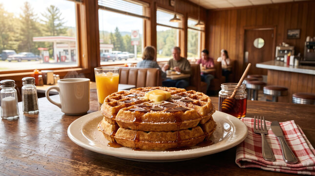 A stack of golden waffles topped with butter and syrup sits on a table in a cozy diner. Customers enjoy their meals in the background.