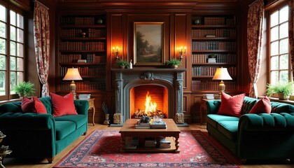 Obraz premium Classic English living room interior with wooden bookshelves fireplace, fire. Luxury library space features green velvet sofas red cushions rug, coffee table. Elegant vintage furniture bright