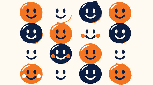 A collection of cheerful smiley faces in orange and dark blue colors arranged in a grid.