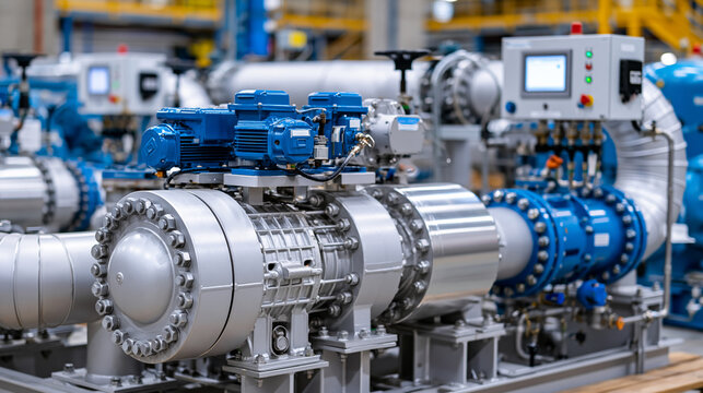 Modern gas compressor equipment with large diameter steel piping and control systems, ultra photorealism, cinematic color correction, natural uneven lighting yet gentle backlight, soft rich backgrou