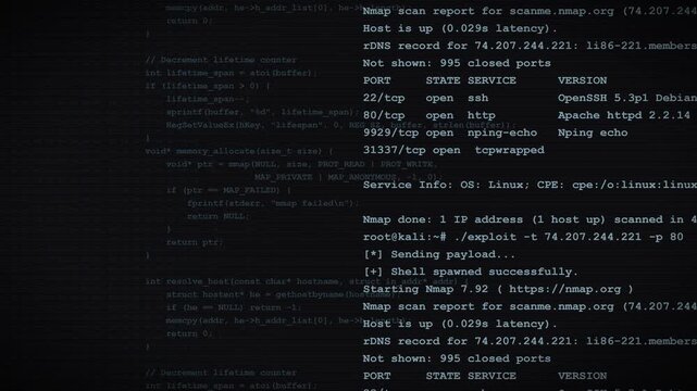 Hacker terminal code scrolling with digital scanlines and flickering white text for cybersecurity data streaming background.