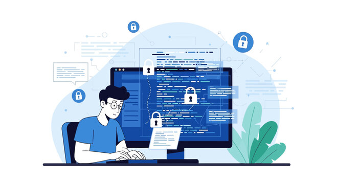 Cybersecurity Analyst Coding on Computer, Digital Security Concept, Data Protection