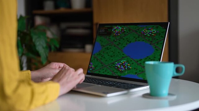 Woman playing economic strategy game on laptop.