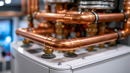 Fototapeta premium Professional close up of an energy efficient white boiler with gleaming copper pipes, precision installed plumbing fittings, bright interior with soft natural reflections, sustainable home heating t