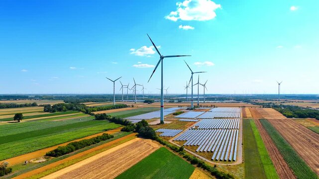 Renewable energy complex with wind turbines and solar panel farm. Aerial perspective of photovoltaic installation and white towers between green and yellow crop fields.
