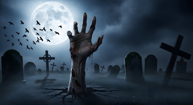 Creepy zombie hand rising from grave at night under full moon with flying crows and tombstones in cemetery halloween tombstone monstrous terrible