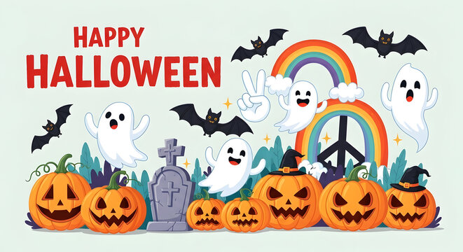 Fun cartoon halloween banner with cute ghosts pumpkins bats and rainbows on light background halloween pumpkins celebration graveyard tombstone colorful