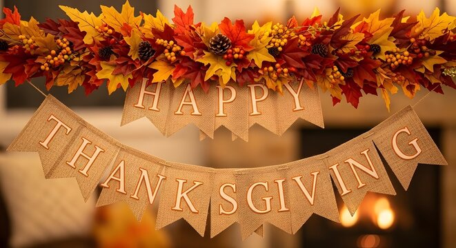 Thanksgiving burlap banner with colorful fall leaves garland decoration thanksgiving decoration celebration seasonal gathering november thankful