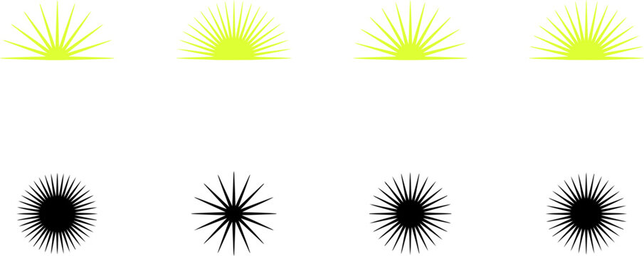 Sunburst icons set yellow and black variations for graphic design