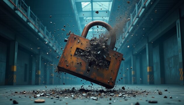 Rusty padlock shattering in industrial warehouse depicting security failure
