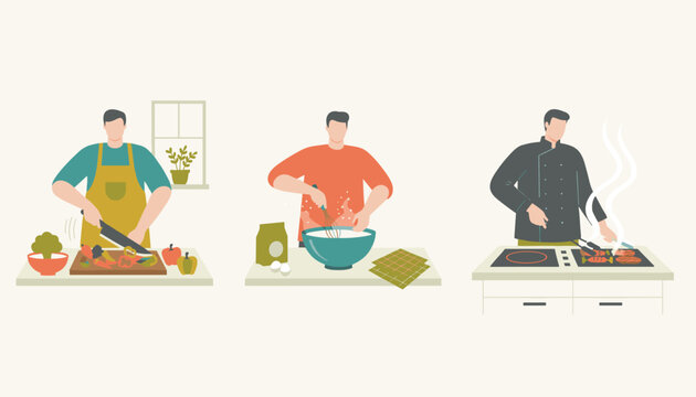 Three men cooking food in different stages including chopping vegetables, mixing ingredients, and grilling on a stove.