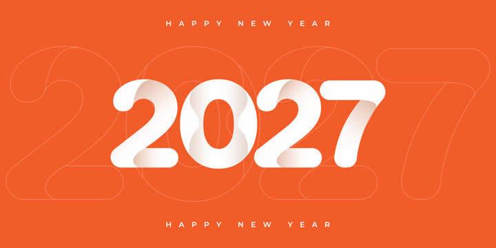 Creative Happy New Year 2027 design featuring bold white typography, minimal geometric style, and vibrant orange background. Perfect for holiday greetings, social media posts, banners, posters.
