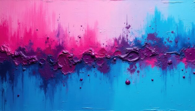 Abstract oil painting features vibrant mix of pink, blue tones. Thick textured brushstrokes create dynamic surface relief across canvas. Dark purple layers emerge within center. Bright colors blend