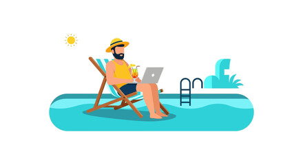 Fototapeta premium Digital Nomad Working on Laptop by Swimming Pool - Remote Work and Summer Vacation Concept Vector Illustration