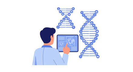 Naklejka premium Digital DNA Concept with Scientist Analyzing Social Media Data and Global Analytics