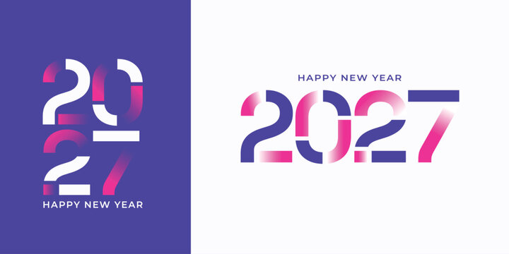 Creative Happy New Year 2027 typography design featuring vibrant pink and purple gradients, modern geometric elements, and a minimalist layout. Perfect for greeting cards, banners, posters, and social