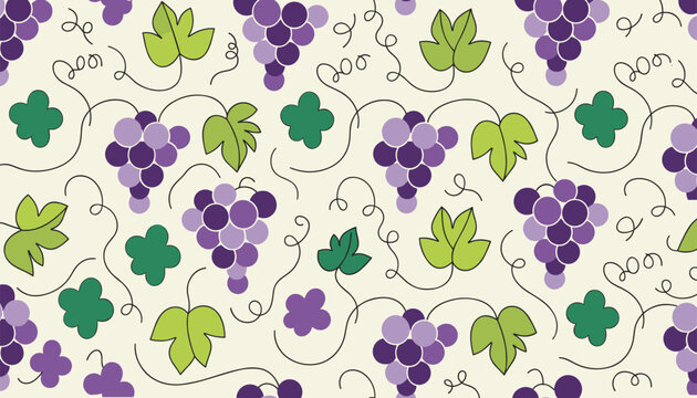 Seamless pattern of juicy purple grapes with green leaves and curly vines over a warm light cream colored background.