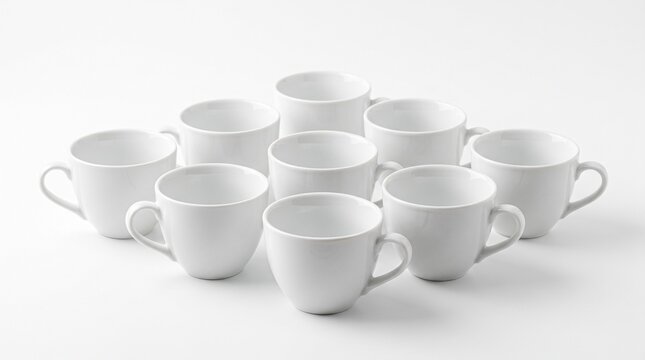 Set of Empty White Porcelain Tea and Coffee Cups Isolated on White Background for Kitchen Catering Concept