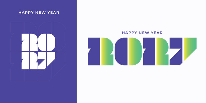 Creative Happy New Year 2027 typography design featuring bold geometric numbers, vibrant purple and green gradients, and a clean minimalist layout. Ideal for greeting cards, banners, posters.